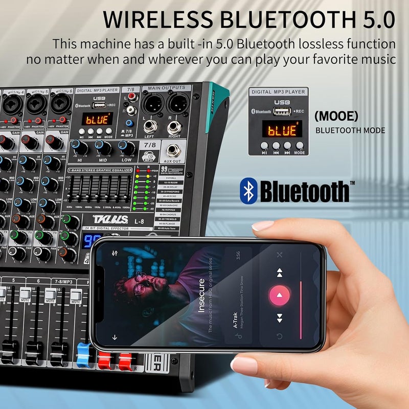 TKLBLS Audio Mixer, Professional 8 Channel DJ Mixer Board with 99-Bit DSP, Sound Board Mixing Console 7-Band EQ Output, USB Audio Interface, Bluetooth 48V Phantom Power For Karaoke Studio Streaming - Image 2